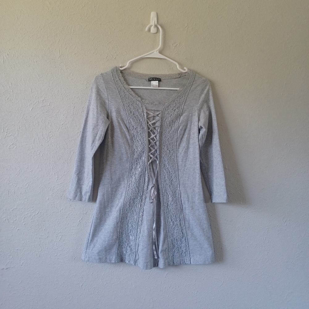 VENUS Gray Lace-Up Tunic Top Shirt